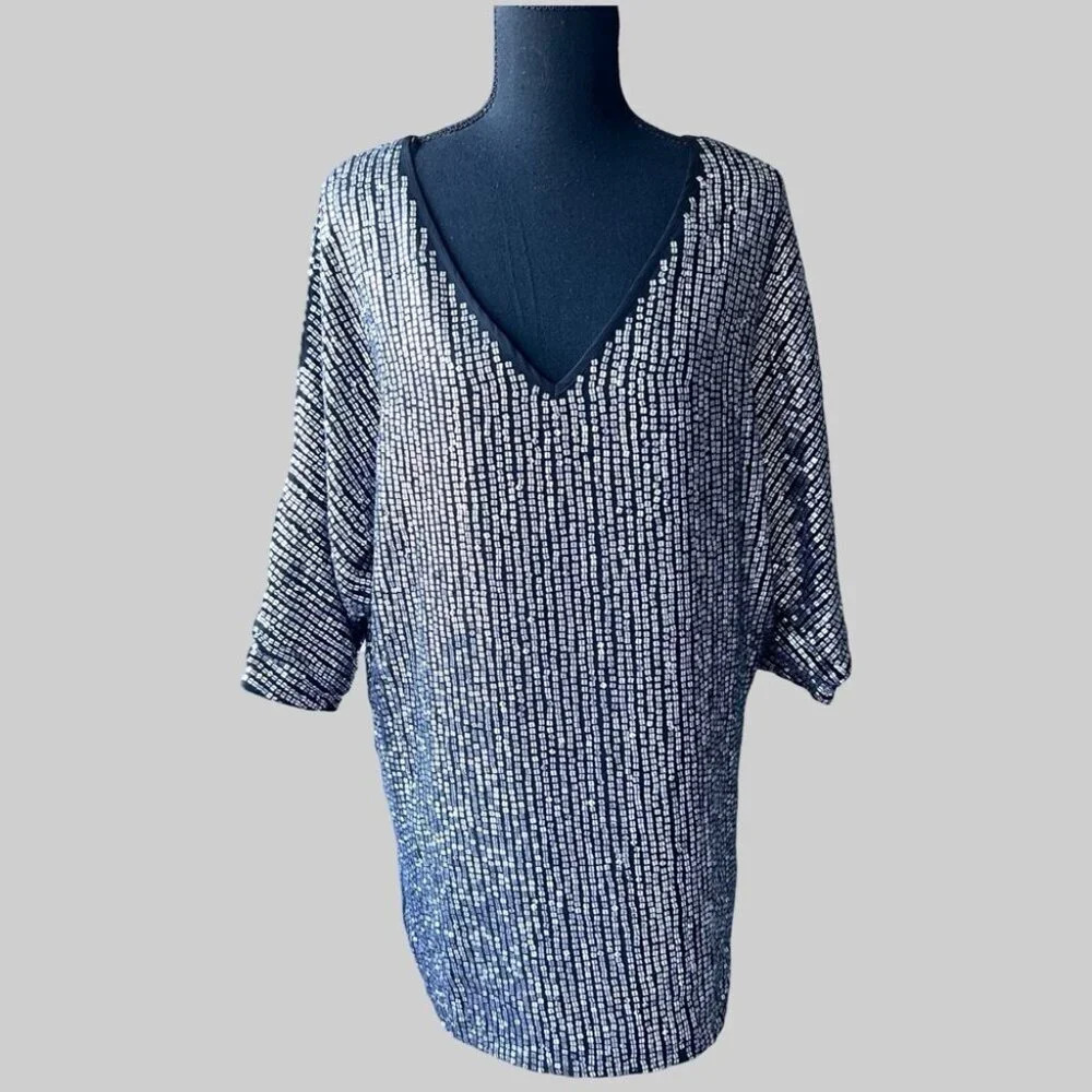 Marciano Sequins V Neck Dolman Sleeve Oversized Tunics Mini Dress